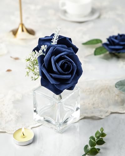 DuHouse 25Pcs Artificial Roses Flowers Fake Roses with Stems Real Touch Foam Flowers for DIY Wedding Bouquet Party Centerpiece Floral Arrangement Party Home Decor (Navy Blue) - color: Navy Blue, size: 25pcs