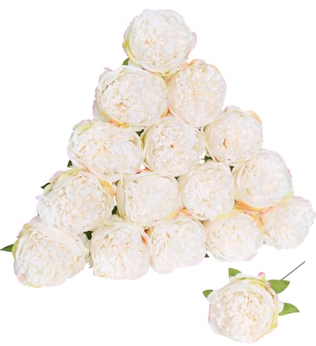 16pcs Peony Artificial Flowers Fake Peonies Bulks Cream White Silk Peonies Flowers Faux Peony Flowers Heads with Stems for Home Wedding Party Festival Baby Shower Decorations (Cream White) - color: Cream White