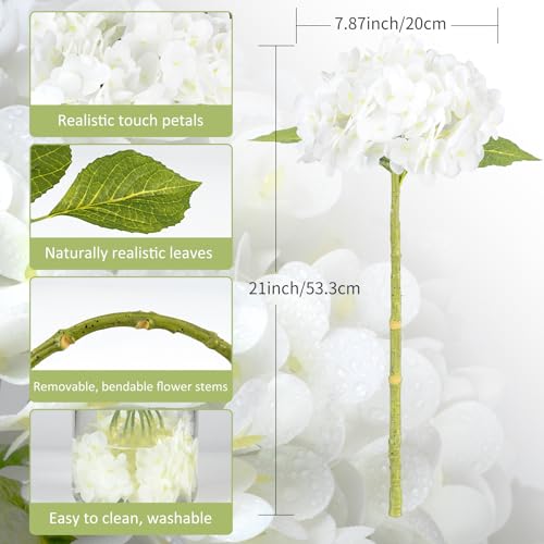 3Pcs Real Touch Artificial Hydrangeas 21" Latex Faux Hydrangea Flowers Stems for Vases, Wedding Centerpieces, Home Decor — Removable Heads, White - color: White