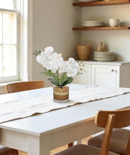 Oairse White Orchids Artificial Flowers with Vase Faux Orchids Plant in Pot | 13.7“ Phalaenopsis Orchid Flower Arrangements White Centerpiece for Kitchen Dining Room Table Bathroom Shelf Desk Decor - color: White Orchid & Brown Sand