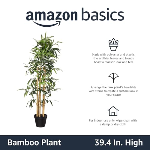 Amazon Basics Artificial Bamboo Plant with Plastic Planter Pot, 39.4", Green, Home Office Decor, Floor Plant