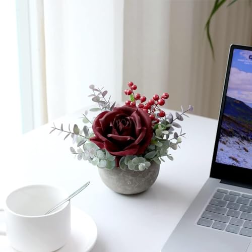 Small Artificial 2pcs Burgundy Rose Potted Plant, 6" Fake Silk Flowers in 3.5" Round Pot, Mini Faux Floral Arrangement for Desk Shelf Bathroom Decor - color: 2pcs Burgundy