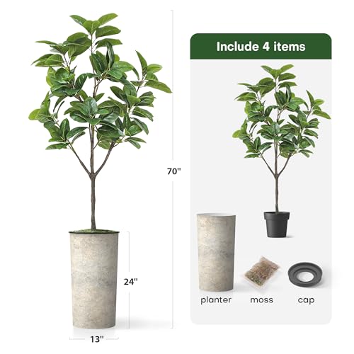 Artificial Tree in Off-White Texture Planter, Fake Magnolia Tree for Indoor and Outdoor Home Decoration - 70" Overall Tall (Plant Pot Plus Tree) - style: Magnolia Tree