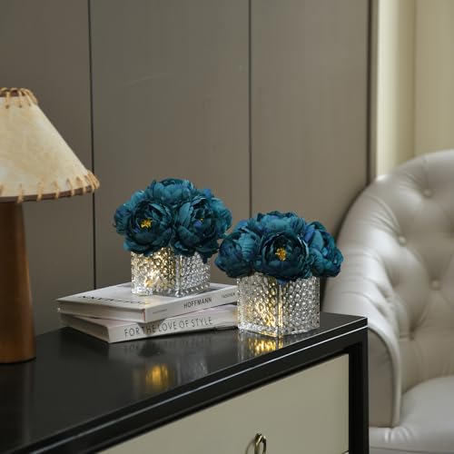 Artificial Peony Silk Flower Centerpieces with LED Light Faux Floral Arrangement in Glass Vase for Home Wedding Table Decoration (Peacock Blue) - color: Light-peacock Blue