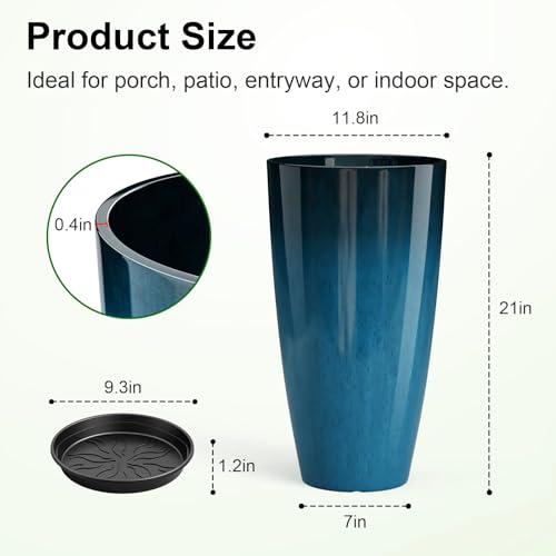 QCQHDU 21 inch Tall Planters for Outdoor & Indoor Plants, Set of 2 Large Outdoor Planters with Drainage Hole for Front Porch, Patio, Garden, Home Decor, Blue - color: Blue, size: 21 inch