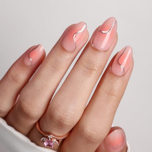 32Pcs Soft Gel Press on Nails for Women, Pink Aura, Short Almond | Metal Chrome Line Art False Fake Nails Press Ons for Office Daily Wear, Salon Quality Reusable Glue & Stick on Nail Gift Kit - color: 3H-Pink Aura