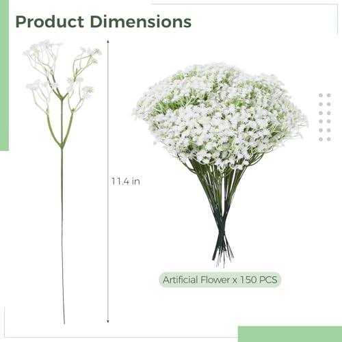 150 PCS Babys Breath Artificial Flowers, 11.4inch White Starry Flower for Wedding Decoration, AReal Touch Faux Babies Breath Gypsophila Bouquet for Wedding Floral Arrangement Party Home Decor