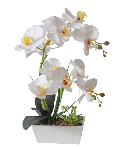 Fake Orchid Realistic Artificial Flowers Real Touch White Orchid Fake Potted Plants For Home Decor Indoor Phalaenopsis Orchids Centerpiece Flower Arrangement Table Decorations For Dining Room Bathroom - color: White With Yellow Cente