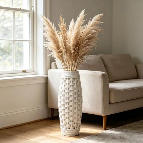 Hosley 24" High Wood and Grass Floor Vase-White. Ideal Gift for Floral Arrangements Weddings, Home Decor, Long Dried Floral, Spa, Aromatherapy, Umbrella/Cane Stand - color: White