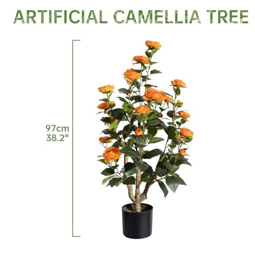 MARCH WIND 3FT Orange Artificial Camellia Plants 2 Pack with Pots, Faux Flowering Tree for Indoor Outdoor Home Decor, Tall Fake Potted Plant for Balcony, Patio, Living Room - size: Orange Yellow Camellia - 3FT