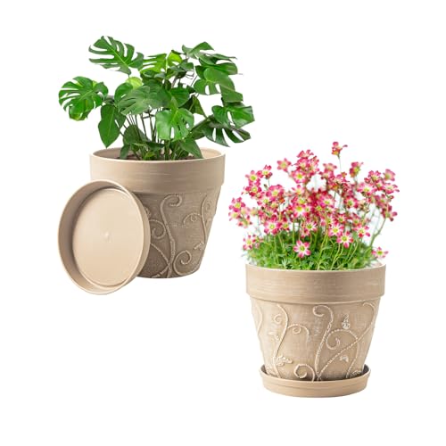 Melphoe Plant Pots Indoor with Drainage & Saucer, 2Pack 7 inch Flower Pots Outdoor Planters for Indoor Plants Garden Home Decor Cactus Succulent, Rigid Plastic (Imitation-Terracotta) Vine-Embossed - color: Undecorated Pottery Color, size: 7''