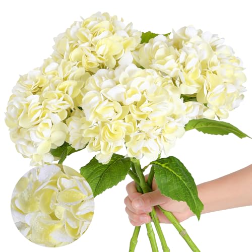 Nubry 4Pcs Beige Hydrangea Artificial Flowers, 22.5In Latex Faux Real Touch Large Hydrangea Flowers with Long Stems & Leaves for Home Office Decor Wedding Party Arrangements(Beige) - color: Beige, size: 4 Pcs