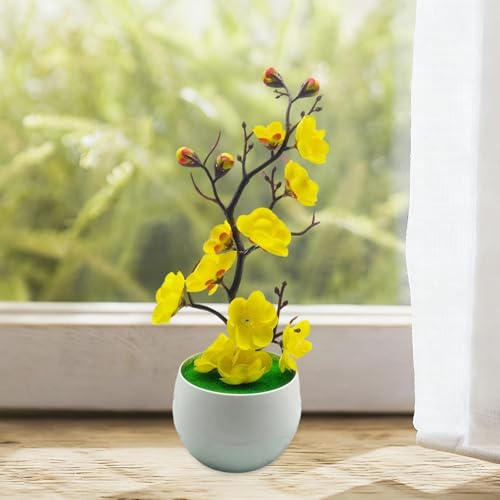 Fenteer Simulation Flower with Vase Realistic Potted Plum Blossom Artificial Potted Flowers for Farmhouse Bookshelf Office Home Table