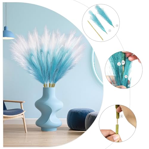 TORONTOKYO 8Pcs Blue Faux Pampas Grass Tall Decor, 35.4” Fluffy Artificial Pompous Grass Branches, Large Pampas Grass Reed Stems for Floor Vase Filler, Wedding, Baby Shower, Home Boho Decor - color: Blue, size: 35.4inch-8Pcs