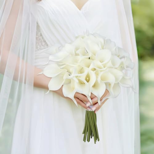 24 Pcs White Artificial Calla Lily Flower White Fake Silk Flowers Real Touch for Wedding Bouquet Office Home Kitchen Decor - color: Pure-white