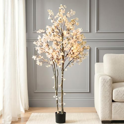 Artificial Cherry Blossom Tree with Lights 6ft Tall, White Faux Cherry Blossom Tree Indoor with LED String Lights, Japanese Sakura Tree for Living Room Office Home Decor - color: White Tree