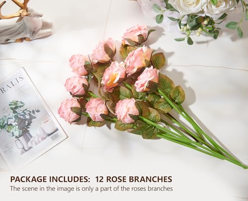 PONKING Rose Artificial Flower 12pcs Realistic Faux Silk Roses Fake Flowers Bouquets Arrangements Decor for Wedding Spring Mother's Day, Home Table Decorations, Pink Flower - color: A 12pcs Pink Rose