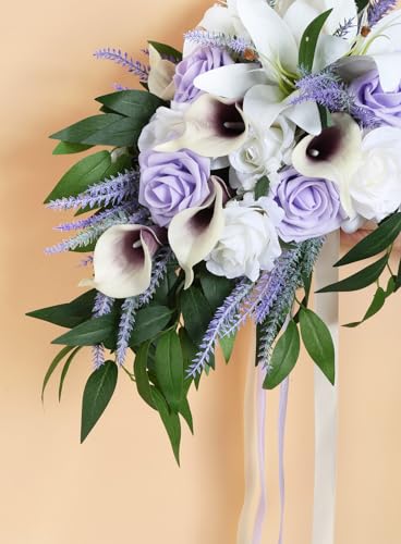 Wedding Bouquet,11 Inch Bridal Bouquet Cascading Wedding Bouquets for Bride for Wedding Ceremony and Anniversary(Lilac & White) - color: Lilac & White