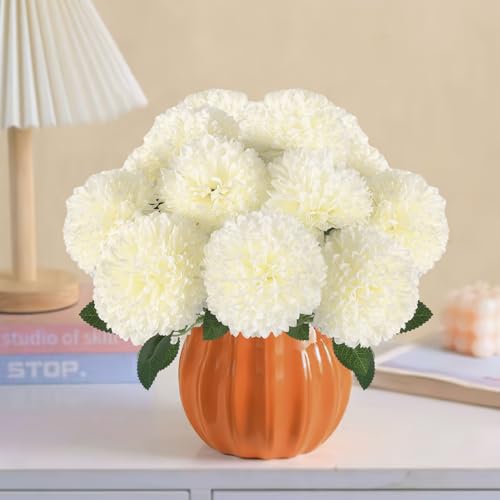 Hananona 12 Pcs Artificial Chrysanthemums Flowers Ball Flower, Fake Mums Flowers White Silk Flowers for Spring Home Decor Indoor Floral Arrangement Table Centerpiece (12, White) - color: White