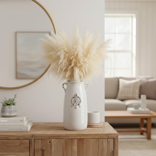 MyGift Farmhouse White Ceramic Vase with Handle and Embossed Seal Design, Antique Jug Shaped Tabletop Flower Vase