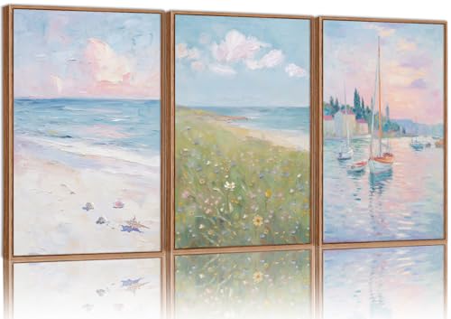 Rantodecor Impressionist Framed Canvas Wall Art, Vintage Italy Coastal Sailboat Wall Decor, Light Blue and White Posters Art Prints, Pastel Beach House Artwork for Bedroom Living Room Office 16"x24"x3 - color: Impressionist, size: 24"x16"