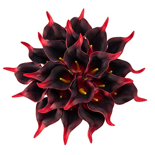 Crafjie 22pcs 13.4 Inch Burgundy Flowers Lataex Real Touch Artificial Calla Lily Flowers, for Home Decor, Office, Kitchen, Wedding Decorations, and centerpieces - color: Dark Red