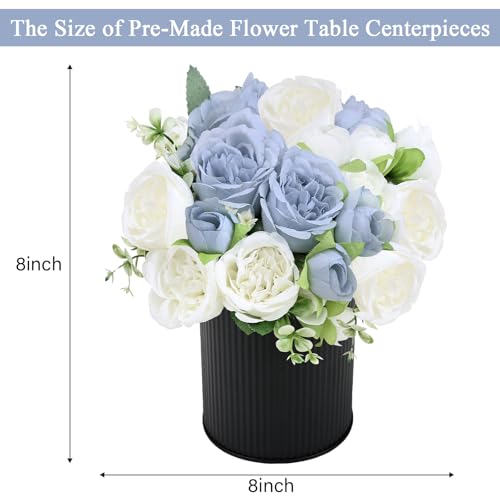 Pre-Made Flower Table Centerpieces, Set of 6 Artificial Silk Peonies with Black Vases for Wedding Reception, Modern Floral Decor for Birthday Party, Anniversary Ceremony - Dusty Blue & White - color: Dusty Blue & White