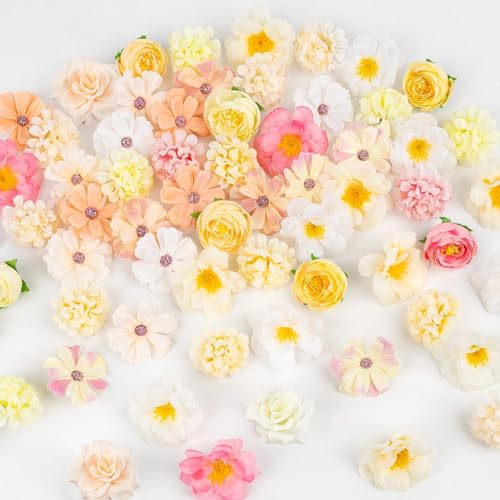 ATTGREAT Fake Flower Heads Mini Silk Flowrs Bulk Small Flower 3D Loose Faux Daisy Rose Sunflowers Plum Blossoms Craft for Wedding Party Cake Baby Shower Home Decor, 110Pcs(Champagne) - color: Champagne