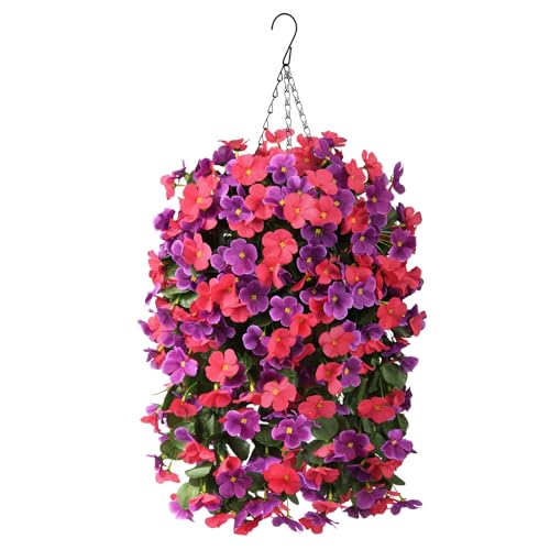 INQCMY Artificial Hanging Flowers Basket for Outdoor Summer Decoration,4pcs Faux Silk Begonia in Planter Look Real UV Resistant for Outside Home Porch Patio Balcony Yard Decor(Orchid Rose Red) - color: Orchid Rose Red