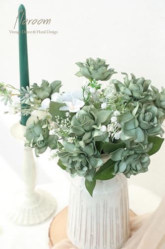 Floroom Artificial Gardenia Flowers 2.7" 25pcs Real Looking Elf Green Foam Fake Flowers with Stems for DIY Wedding Bouquets Bridal Shower Centerpieces Floral Arrangements Party Tables Decorations - color: Elf Green