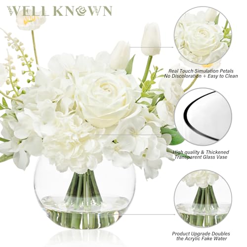 WELL KNOWN Artificial Flowers for Table Decoration Silk Hydrangea Flowers with Vase Fake Flower Arrangements in Round Bowl Vase with Faux Water for Summer Spring (White) - color: Mix Hydrangea-white