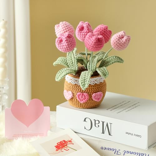 Teacher Appreciation Gifts Crochet Flowers Tulips Thank You Gift for Women Retirement Graduation Gifts Home Desk Decor (Pink)