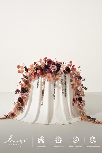 Ling's moment 9FT Eucalyptus and Willow Leaf Garland with White Flower, Handcrafted Wedding Sweetheart Table Centerpieces Head Table Decor Arch Backdrop Decorations for Wedding | Burgundy & Dusty rose - color: Red-burgundy & Peach Rose