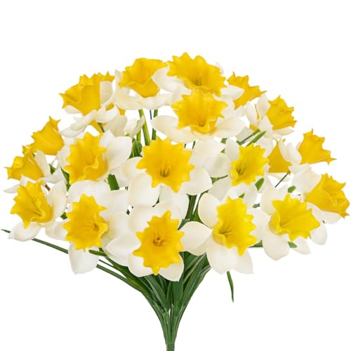 3 Bundles Daffodils Artificial Flowers, 15" Faux Daffodils with 21 Flower Heads, Real Touch Fake Spring Flower White & Yellow Decorative Flowers Bouquet for Home Wedding Centerpieces Vases Arrangement - color: White, size: 3 Bundles-15 Inch