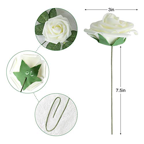 AmyHomie Artificial Flower Ivory Rose 25pcs Real Looking Fake Roses w/Stem for DIY Wedding Bouquets Centerpieces Arrangements Party Baby Shower Valentines Day Christmas Tree Decorations - color: Ivory