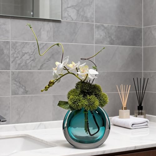 Artificial Orchids, White, in Translucent Bubble Glass Vase, Blue | Look Real, Realistic Appearance, Flower Arrangement - color: Blue