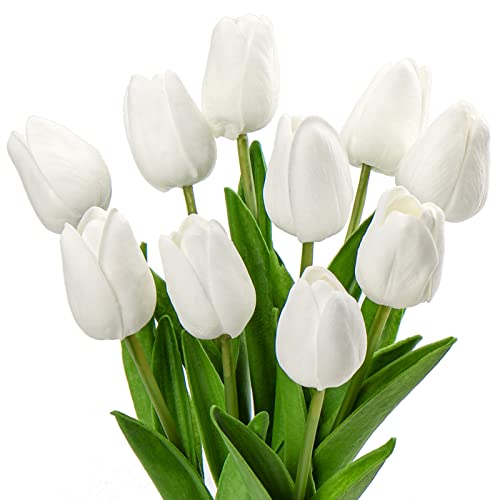 10 Pcs White Tulips Artificial Flowers Real Touch Fake Tulips Fake Flowers for Mother's Day 13.5" Faux Tulips Faux Flowers Bulk Artificial Tulips Flowers for Vase Centerpieces Home Wedding Bouquet - color: White #10