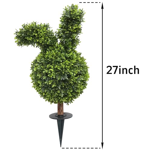 Damomo 27'' Artificial Bunny Shaped Topiary Trees with Ground Spike Set of 2, Outdoor Indoor Faux Boxwood Topiary Ball Bushes Potted Fake Shrubs Front Porch Decor Outside Garden - size: 27 inch