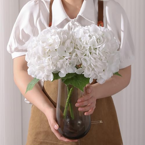 Nubry 2Pcs White Hydrangea Artificial Flowers, 22.5In Latex Faux Real Touch Large Hydrangea Flowers with Long Stems & Leaves for Home Office Decor Wedding Party Arrangements(White) - color: White, size: 2 Pcs