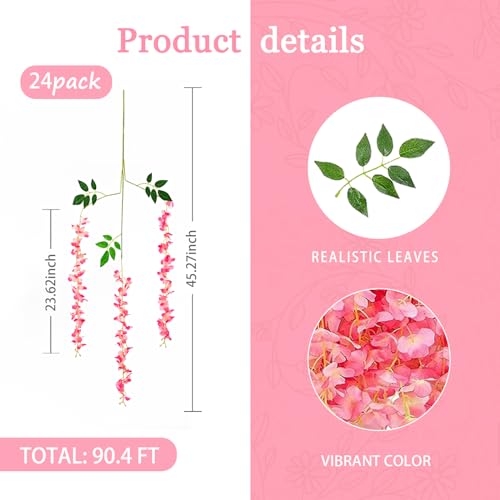 24 Pack Dark Pink Wisteria Hanging Flowers Garland, 3.77 Feet Artificial Flower Vines, Fake Wisteria, Artificial Vines Hanging Garland for Backdrop Outdoor Yard Garden Decor - color: Dark Pink, size: 24 PCS