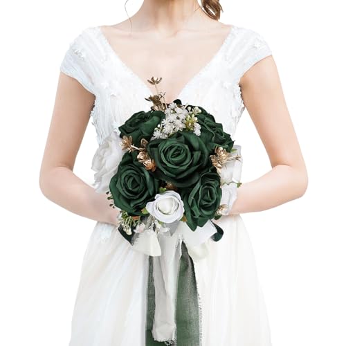 Wedding Bouquet for Bride - Premade Simple Artificial Roses Flowers for Bridal Shower Destination Ceremony Anniversary Decorations - Emerald Green & Gold & White - color: Emerald Green & Gold & White
