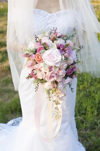 12 Inch Cascade Wedding Bouquets for Bride, Fuchsia & Pink Cascading Bridal Bouquet for Wedding Silk Artificial Flowers - color: Fuchsia & Pink