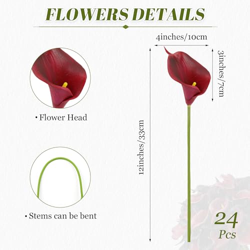 24 Pcs Artificial Calla Lily Flowers Fake Silk Flowers Real Touch for Halloween Wedding Bouquet Office Home Kitchen Decor (Black Red) - color: Black-red