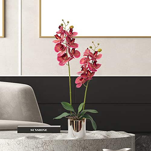Artificial Orchid Flowers Fuchsia Faux Orchids with Ceramic Vase Vivid Fake Phalaenopsis Flower Arrangement Gorgeous Artificial Plants for Office Desk Wedding Party Exhibition Center&Home Table Decor - color: Fuchsia-silver