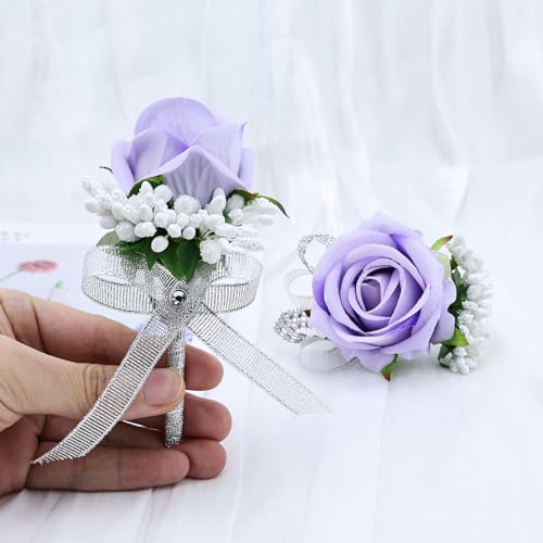 2Pcs Light Purple Rose Corsage and Boutonniere Set, Artificial Wrist Corsage Wristlet Bracelets, Men Boutonniere for Wedding Anniversary Party Homecoming Flowers Accessories Prom Decor - color: Light Purple