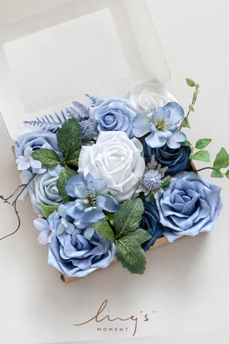 Ling's moment Fake Flowers Box, Artificial Faux Greenery Stems Silk Peony Foam Rose for Wedding Bouquets Centerpieces Table Decorations Backyard Floral Arrangement, Dusty Blue & Ivory, Mini Combo - color: Dusty Blue & Ivory