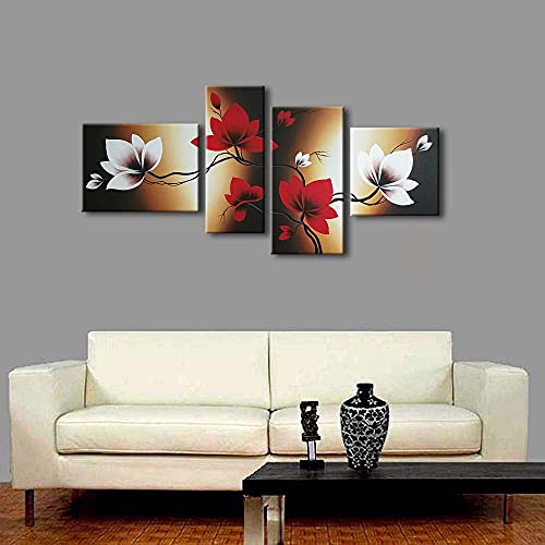 Wieco Art Full Bloom in Spring Red Flowers 100% Hand-painted 4 panels Flower Oil Paintings on Canvas Wall Art for Wall Decor Oil Painting on Canvas