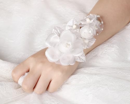 Set of 12 Artificial Silk Organza Craft Rose Flower, 12 Corsage Wristlet, 12 Pin Back DIY Boutonnieres for Wedding, Bridesmaids, Groomsmen, Quinceanera, Prom, Sweet 16 (Ivory) - color: Ivory
