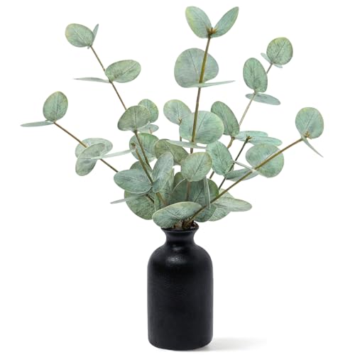 Artificial Eucalyptus Stems in Ceramic Vase, 14'' Fake Plants Greenery Stems for Home Decor Eucalyptus Plant for Bathroom Farmhouse Room Coffee Table Centerpiece Desk Shelf Faux Branches Decorations - color: Green Eucalyptus - Black Round Ceramic Vase