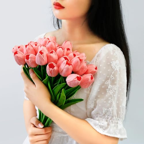 36 Pcs Tulips Artificial Flowers, 13 Inches Real Touch PU Fake Tulips for Wedding Bouquets, Home Decor - color: Pink